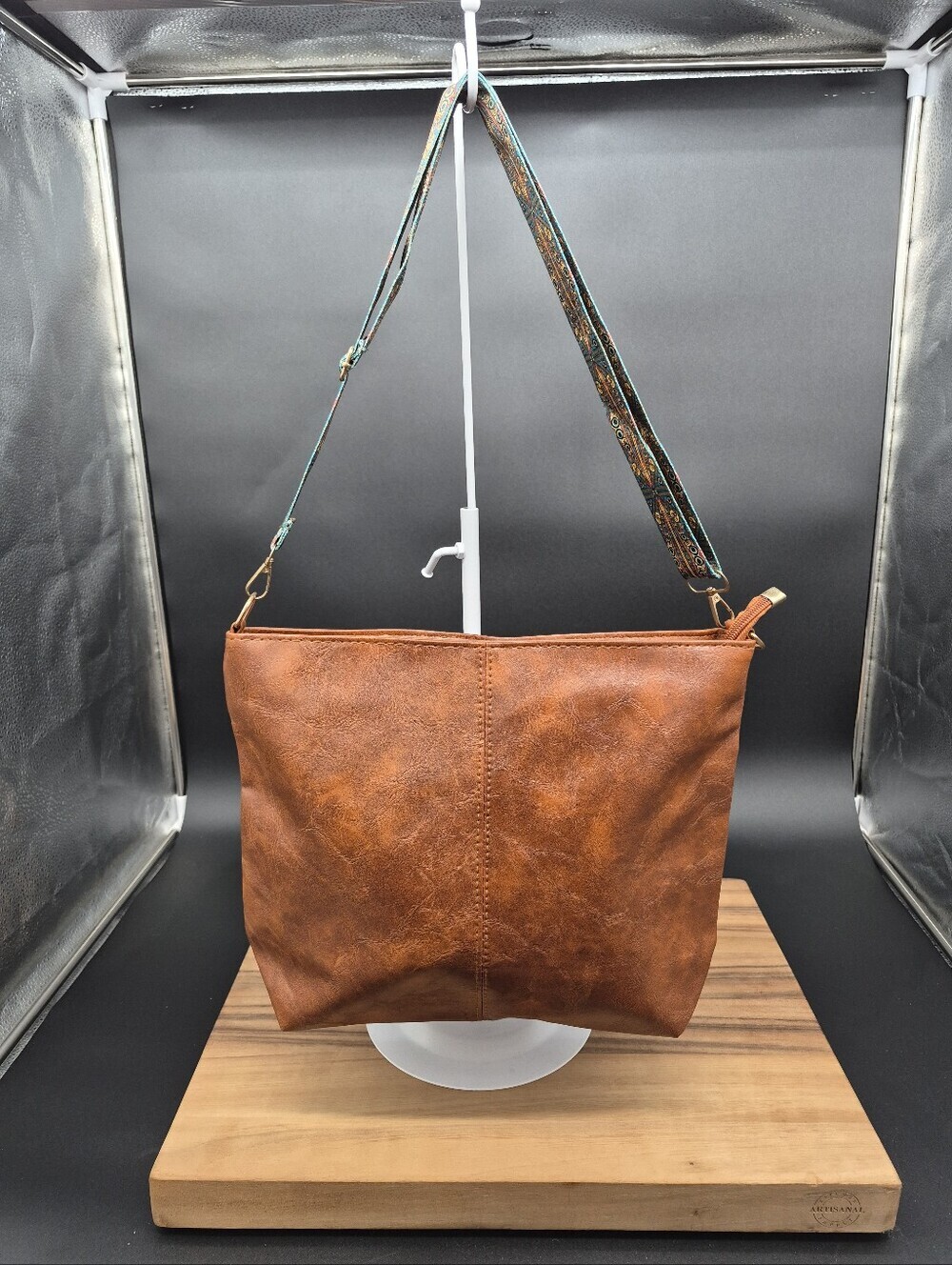 Women's Brown Faux Leather Tote with Detachable Patterned Strap, 13×10×3, NWOT